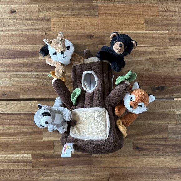 Unipak 12" Plush Treehouse Tree Stump With 4 Animals Squirrel Fox Bear Raccoon - Picture 1 of 12